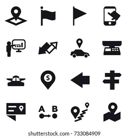 16 vector icon set : pointer, flag, touch, presentation, up down arrow, car pointer, market scales, scales, dollar pin, left arrow, singlepost