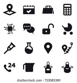 16 vector icon set : pointer, calendar, shopping bag, calculator, chip, discussion, unlock, baby stroller, measuring cup, apron