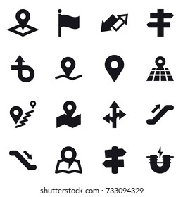 16 vector icon set : pointer, flag, up down arrow, singlepost, escalator, map, signpost