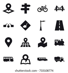 16 vector icon set : pointer, single post, bike, bridge, drawbridge, under construction, outdoor light, train, bus, map, sweeper