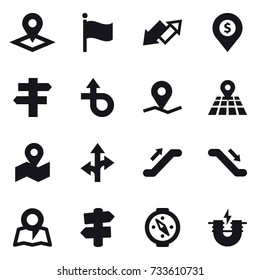 16 vector icon set : pointer, flag, up down arrow, dollar pin, singlepost, escalator, map, signpost, compass