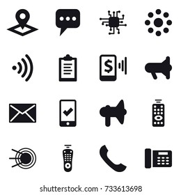 16 vector icon set : pointer, message, chip, round around, wireless, clipboard, mobile pay, megafon, mail, mobile checking, loudspeaker, remote control