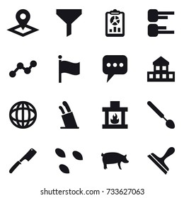 16 vector icon set : pointer, funnel, report, diagram, graph, flag, message, cottage, stands for knives, fireplace, big spoon, chef knife, seeds, pig, scraper