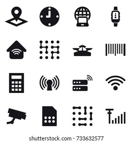 16 vector icon set : pointer, clock, notebook globe, smartwatch, wireless home, chip, scales, barcode, calculator