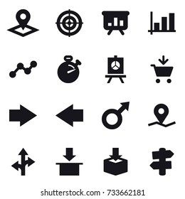 16 vector icon set : pointer, target, presentation, graph, stopwatch, add to cart, right arrow, left arrow, signpost