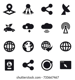 16 vector icon set : pointer, share, satellite antenna, eco car, cloude service, cloud wireless, antenna, globe, passport