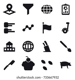 16 vector icon set : pointer, funnel, globe, report, diagram, graph, flag, segway, cottage, stands for knives, big spoon, chef knife, seeds, pig
