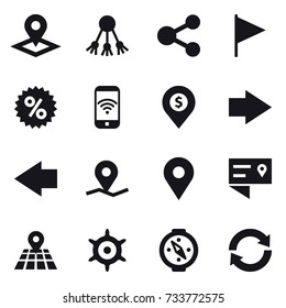 16 vector icon set : pointer, share, flag, percent, phone wireless, dollar pin, right arrow, left arrow, handwheel, compass, reload