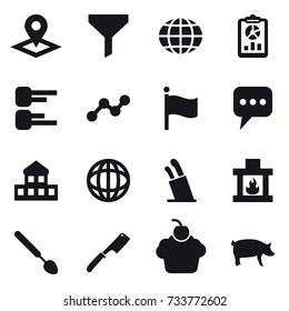 16 vector icon set : pointer, funnel, globe, report, diagram, graph, flag, message, cottage, stands for knives, fireplace, big spoon, chef knife, pig