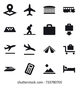 16 vector icon set : pointer, plane, airport building, bus, taxi, tourist, suitcase iocn, baggage get, departure, arrival, tent, baggage trolley, yacht, inflatable mattress, landscape, bed