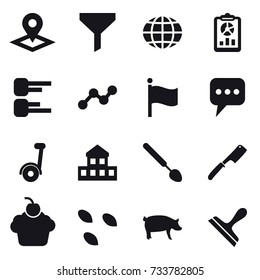 16 vector icon set : pointer, funnel, globe, report, diagram, graph, flag, message, cottage, big spoon, chef knife, seeds, pig, scraper