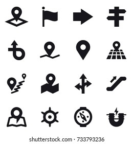 16 vector icon set : pointer, flag, right arrow, singlepost, escalator, map, handwheel, compass