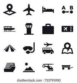 16 vector icon set : pointer, plane, train, airport tower, suitcase iocn, ticket, tent, diving mask, transfer, map, cruise ship, landscape, trailer