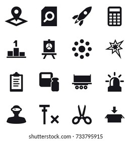 16 vector icon set : pointer, search document, rocket, calculator, pedestal, presentation, round around, bang, clipboard, scales weight, alarm, scissors, package