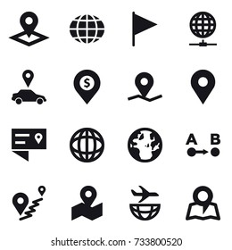 16 vector icon set : pointer, globe, flag, globe connect, car pointer, dollar pin, map