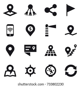 16 vector icon set : pointer, share, flag, phone wireless, dollar pin, lighthouse, map, handwheel, compass, reload