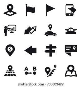 16 vector icon set : pointer, flag, touch, presentation, up down arrow, car pointer, scales, dollar pin, left arrow, singlepost, map
