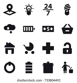 16 vector icon set : pointer, bulb, 24/7, cloude service, battery, money, remove from basket, home, baby stroller, unlocked, pan, garbage bin