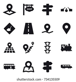16 vector icon set : pointer, shop signboard, singlepost, drawbridge, under construction, train, bus, map, signpost
