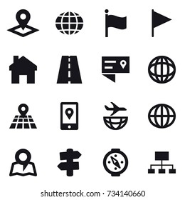 16 vector icon set : pointer, globe, flag, home, map, signpost, compass, hierarchy