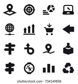 16 vector icon set : pointer, target, diagram, notebook, globe connect, graph up, add to cart, left arrow, singlepost, signpost, compass, recycling