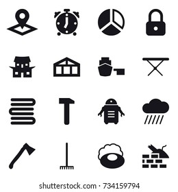 16 vector icon set : pointer, alarm clock, diagram, lock, japanese house, greenhouse, iron board, towels, rain cloud, axe, rake, soap, construct garbage