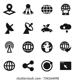 16 vector icon set : pointer, share, globe, notebook globe, satellite antenna, eco car, cloude service, antenna