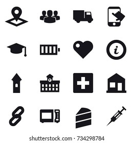 16 vector icon set : pointer, group, truck, touch, graduate hat, battery, heart, info, tower, university, first aid, home, syringe