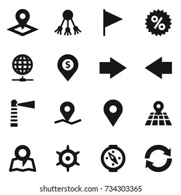 16 vector icon set : pointer, share, flag, percent, globe connect, dollar pin, right arrow, left arrow, lighthouse, map, handwheel, compass, reload