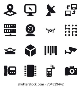 16 vector icon set : pointer, monitor arrow, satellite antenna, notebook connect, server, web cam, drone, chip, scales, 3d, surveillance, intercome