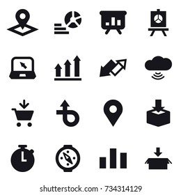 16 vector icon set : pointer, diagram, presentation, notebook, graph up, up down arrow, cloud wireless, add to cart, compass, package