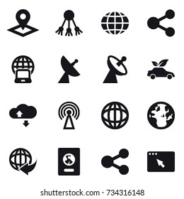 16 vector icon set : pointer, share, globe, notebook globe, satellite antenna, eco car, cloude service, antenna, passport