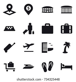 16 vector icon set : pointer, dollar pin, airport building, taxi, passenger, suitcase iocn, suitcase, departure, hotel, palm, baggage trolley, yacht, flip-flops, bed