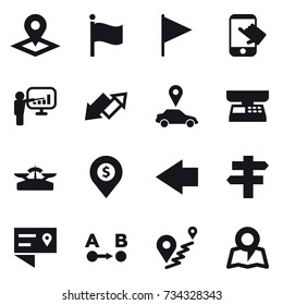 16 vector icon set : pointer, flag, touch, presentation, up down arrow, car pointer, market scales, scales, dollar pin, left arrow, singlepost, map
