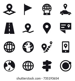 16 vector icon set : pointer, flag, notebook globe, car pointer, earth, globe, signpost