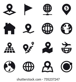 16 vector icon set : pointer, flag, globe connect, dollar pin, home, earth, globe, map