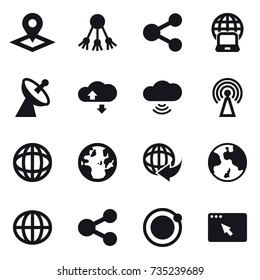 16 vector icon set : pointer, share, notebook globe, satellite antenna, cloude service, cloud wireless, antenna, earth, globe