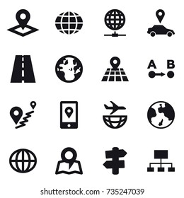 16 vector icon set : pointer, globe, globe connect, car pointer, earth, map, signpost, hierarchy