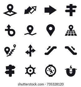 16 vector icon set : pointer, up down arrow, right arrow, singlepost, escalator, signpost, handwheel, compass