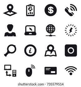 16 vector icon set : pointer, report, dollar, call, woman, notebook, globe connect, lightning, magnifier, info, map, ring button