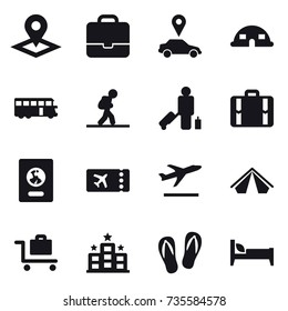 16 vector icon set : pointer, portfolio, car pointer, dome house, bus, tourist, passenger, suitcase, passport, ticket, departure, tent, baggage trolley, hotel, flip-flops, bed