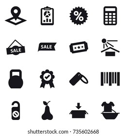 16 vector icon set : pointer, report, percent, calculator, sale, ticket, do not distrub, pear, package, handle washing