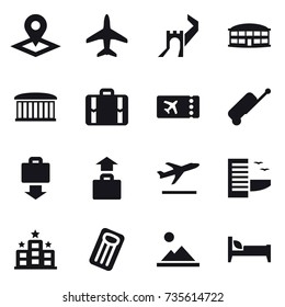 16 vector icon set : pointer, plane, greate wall, airport building, suitcase, ticket, baggage get, baggage, departure, hotel, inflatable mattress, landscape, bed