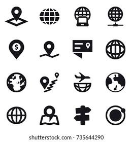 16 vector icon set : pointer, globe, notebook globe, globe connect, dollar pin, earth, map, signpost