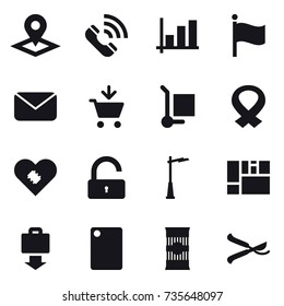 16 vector icon set : pointer, call, graph, flag, mail, add to cart, cargo stoller, unlock, outdoor light, baggage get, cutting board, pruner