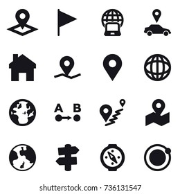 16 vector icon set : pointer, flag, notebook globe, car pointer, home, earth, signpost, compass