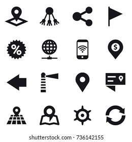 16 vector icon set : pointer, share, flag, percent, globe connect, phone wireless, dollar pin, left arrow, lighthouse, map, handwheel, reload