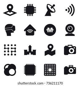 16 vector icon set : pointer, chip, satellite antenna, wireless, virtual mask, wireless home, crypto currency, web cam, castle, camera