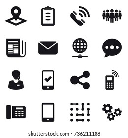 16 vector icon set : pointer, clipboard, call, team, newspaper, mail, globe connect, ballon, mobile checking, gears