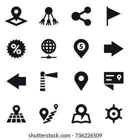 16 vector icon set : pointer, share, flag, percent, globe connect, dollar pin, right arrow, left arrow, lighthouse, map, handwheel